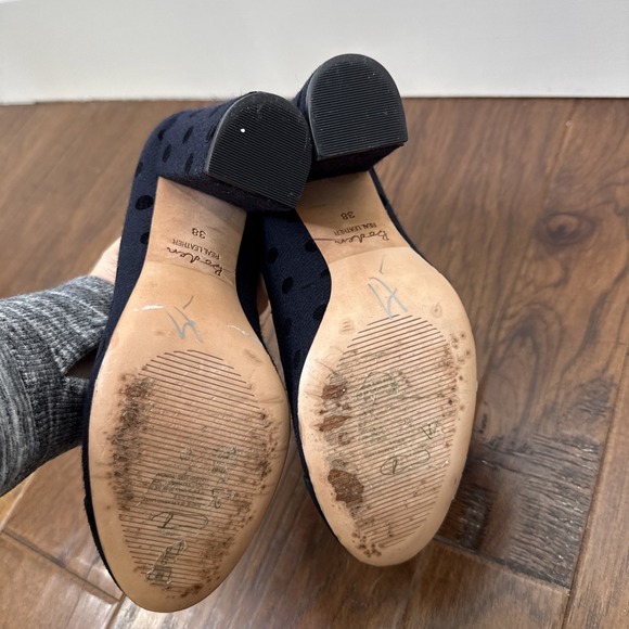 Boden Polka Dot Block Heel Pumps 38/7.5 Navy Black Suede Toe Slip On Rockabilly - Picture 5 of 8